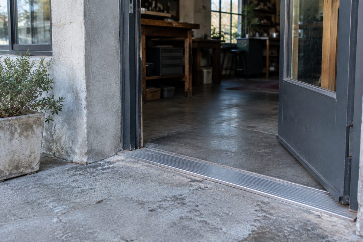 Steel threshold and concrete at a small Austin workshop entrance