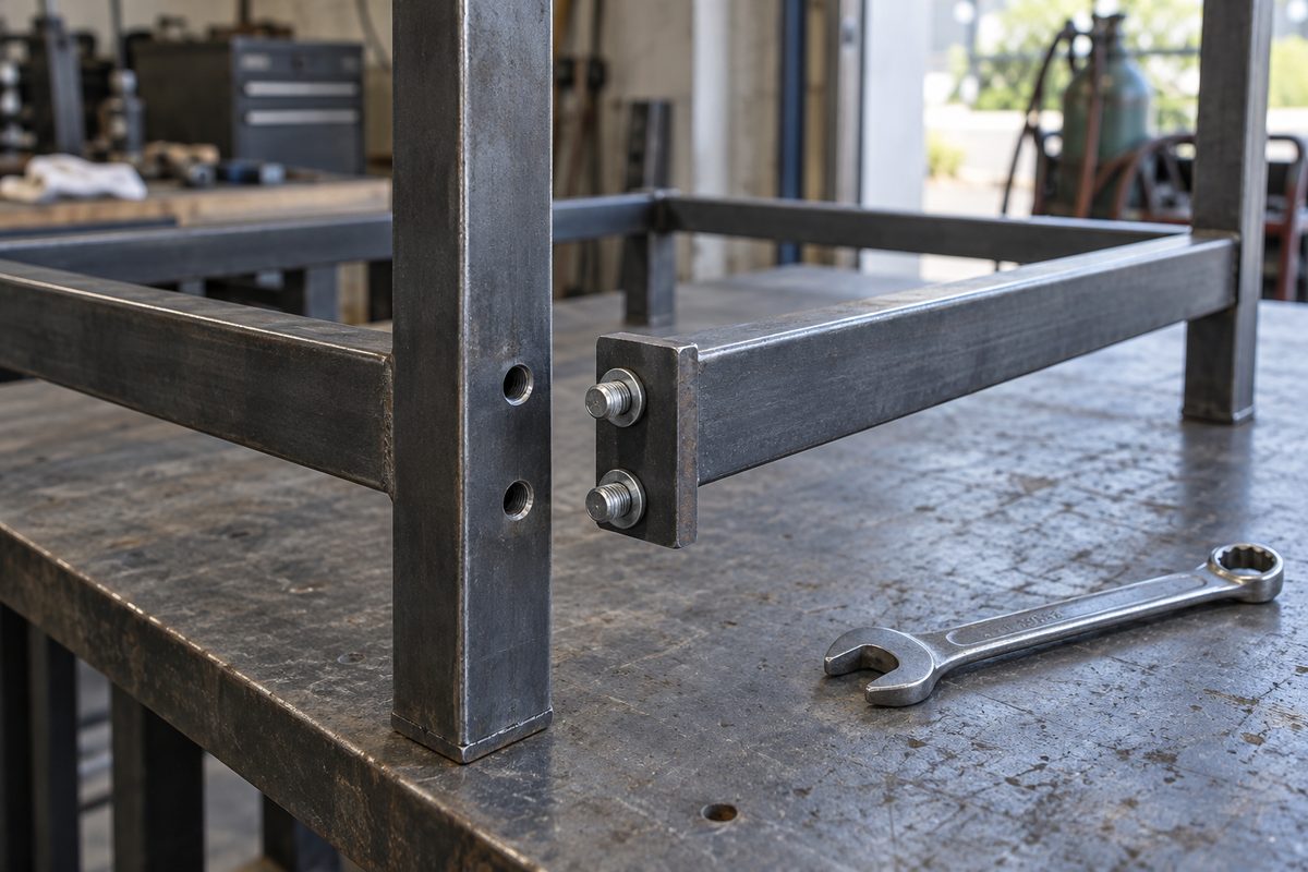 Bolted end plate joining a removable crossbar to a steel display frame