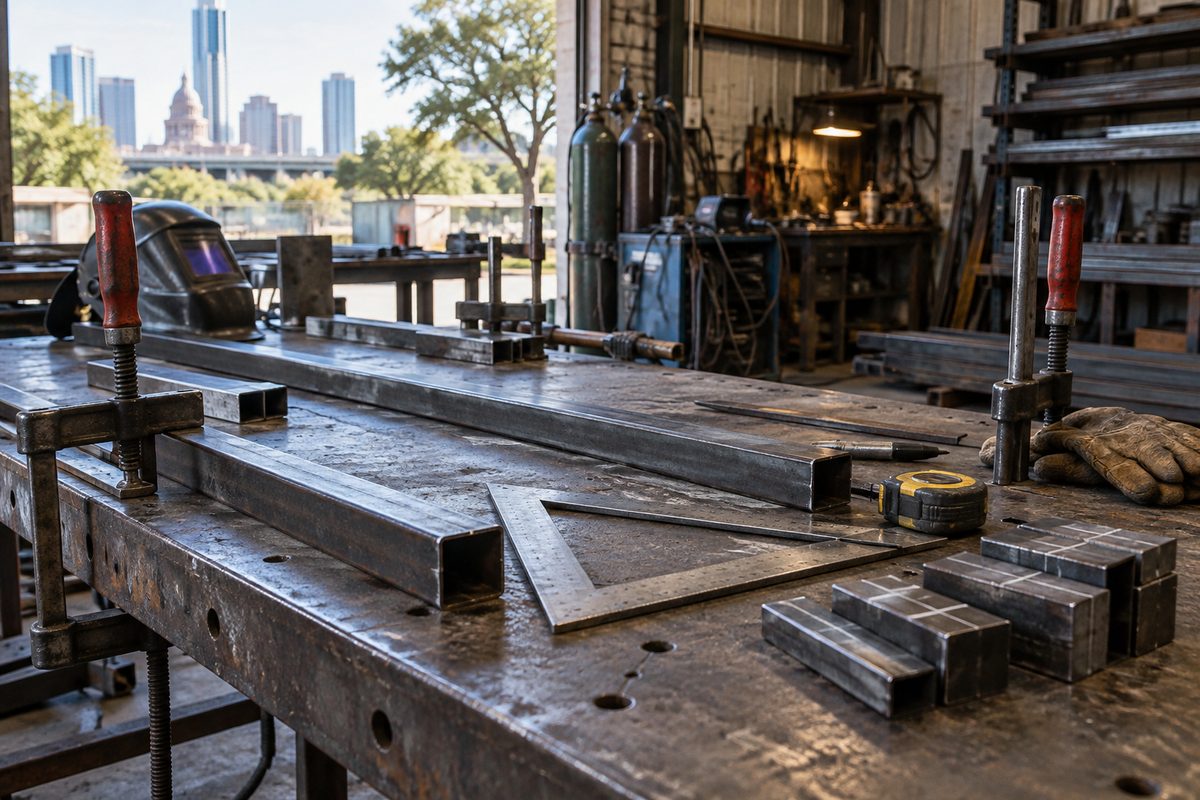 Clamps and cut steel lengths on a fabrication bench