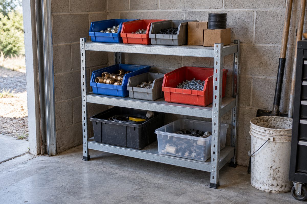 Freestanding steel shelving with parts bins in a workshop corner