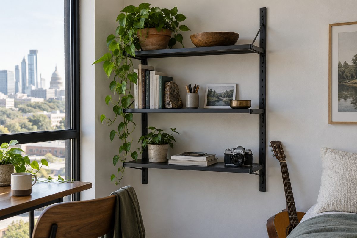 Finished dark steel shelf in a compact studio