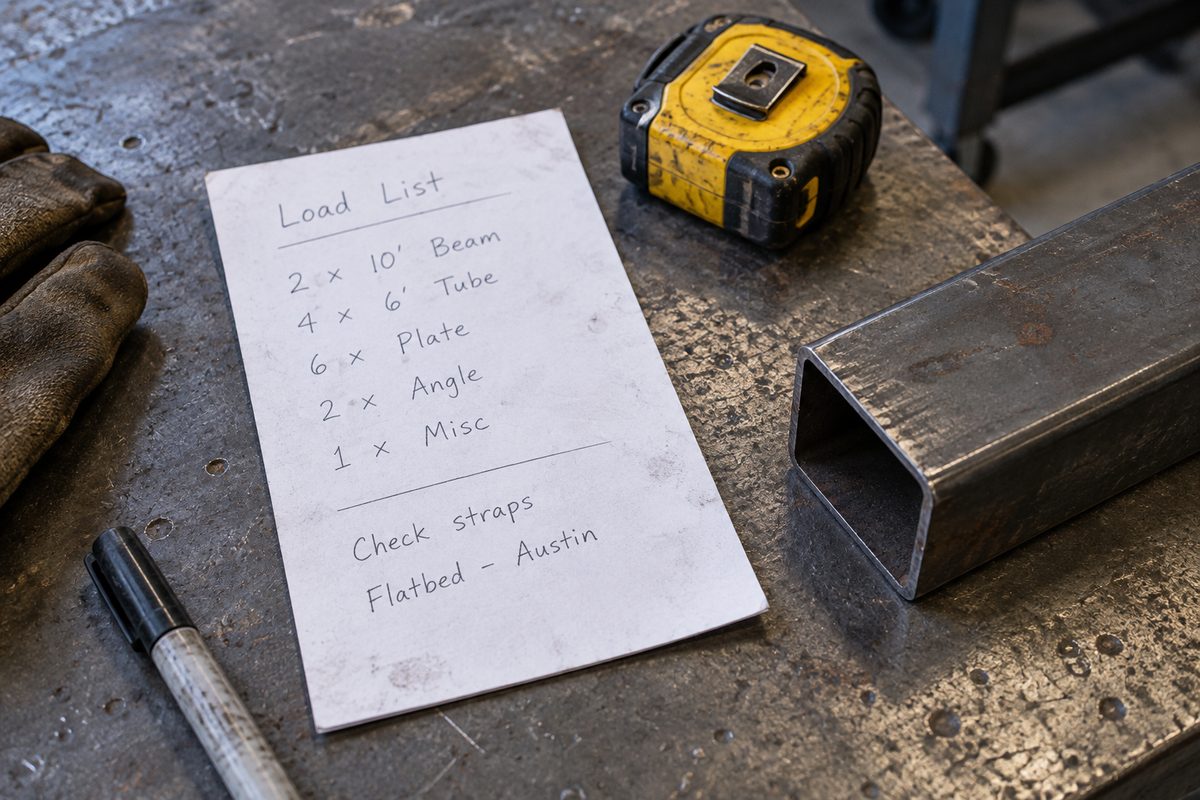 Workshop load note beside a tape measure and steel offcut