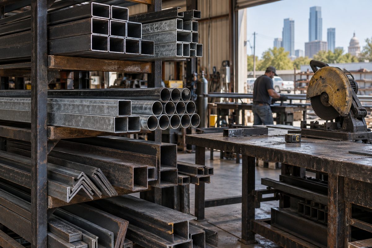 Selected raw steel sections beside a cutting bench