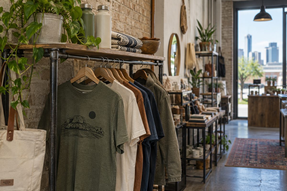 Small steel retail rail holding goods in a narrow shop