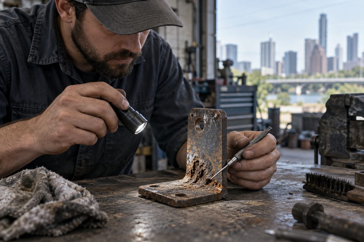 Worn steel bracket under inspection on a workbench