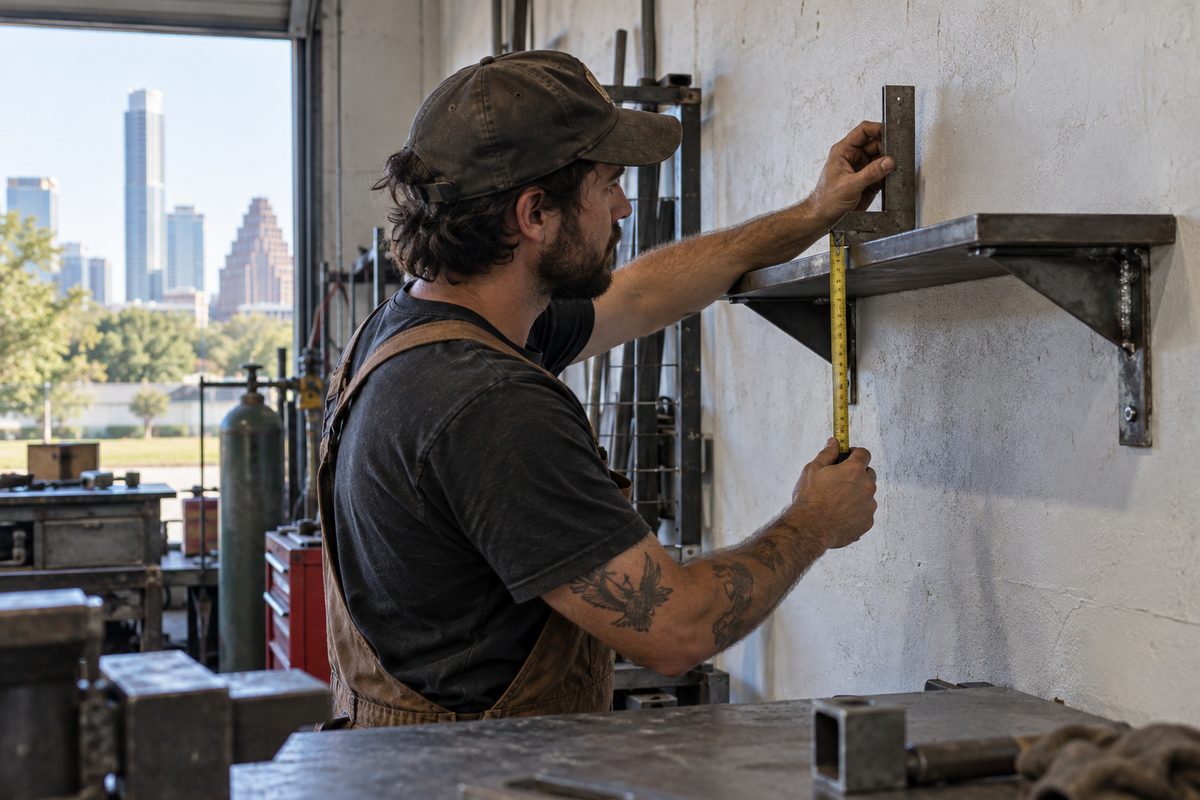 Fabricator measuring a compact steel shelf against a wall