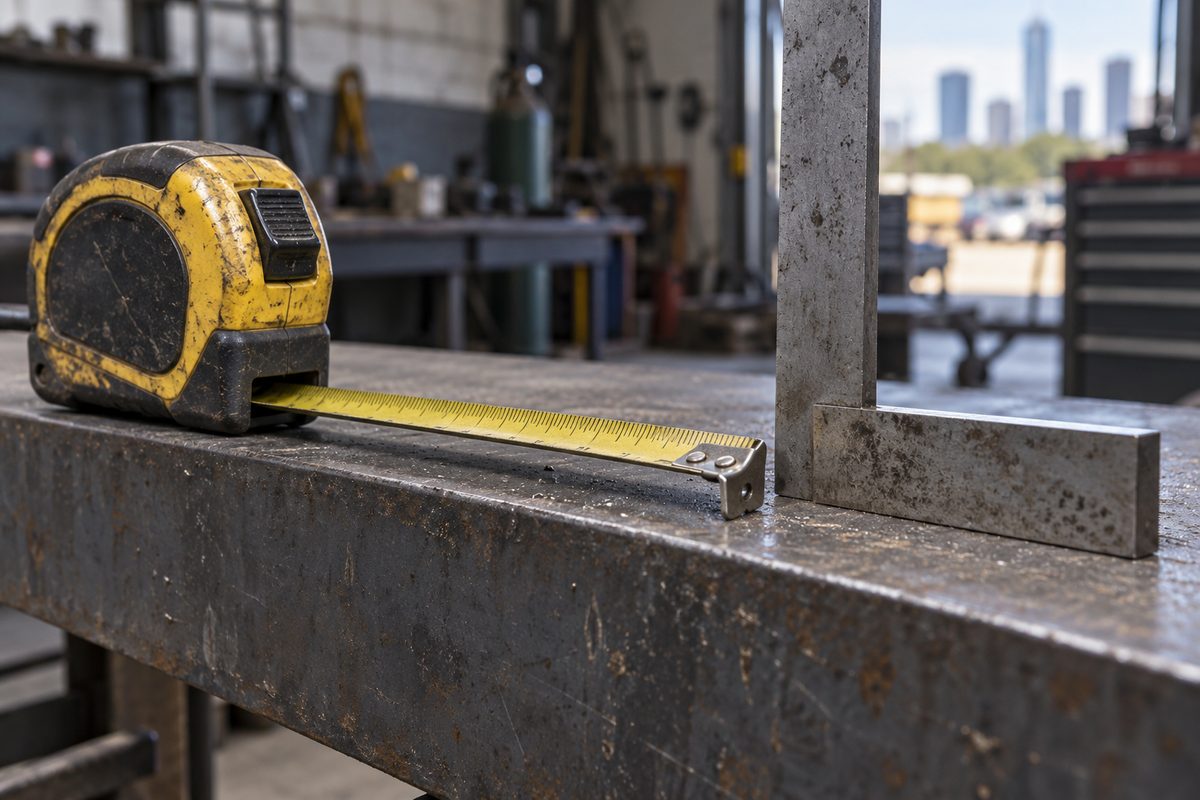Tape measure and square on a raw steel edge