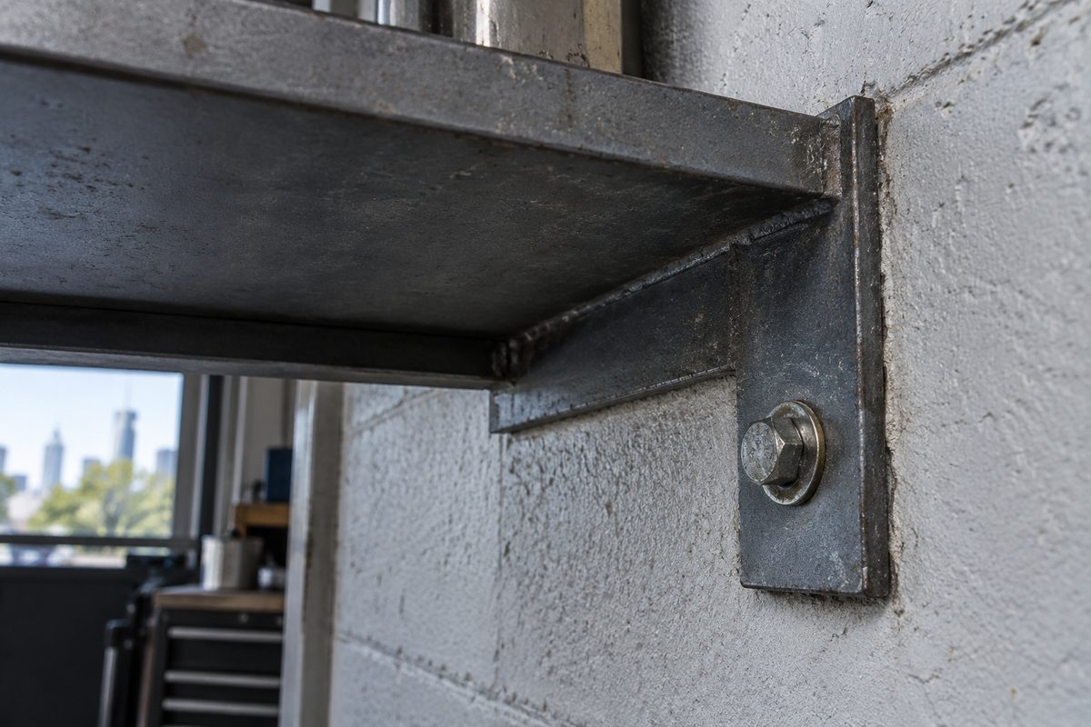 Underside fixing plate at a steel shelf wall junction