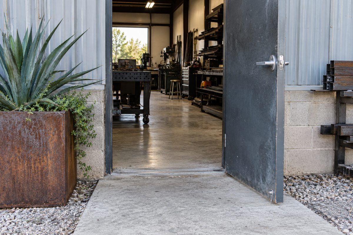 Practical entrance to a small steel workshop