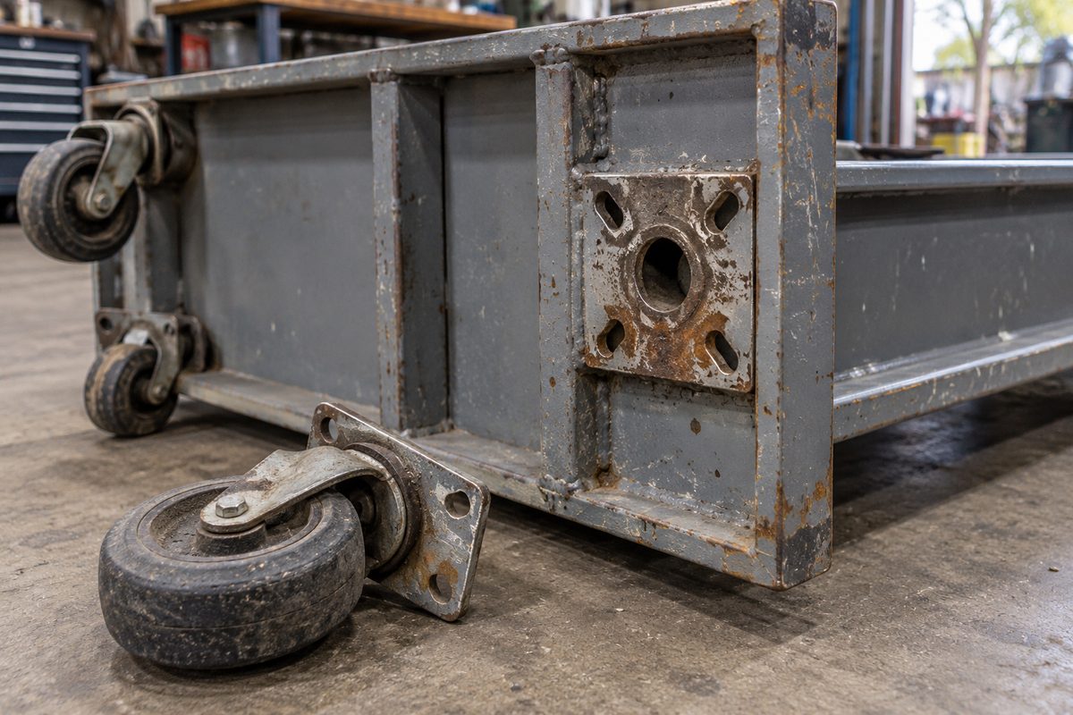 Worn caster mounting holes on the underside of an unloaded steel trolley